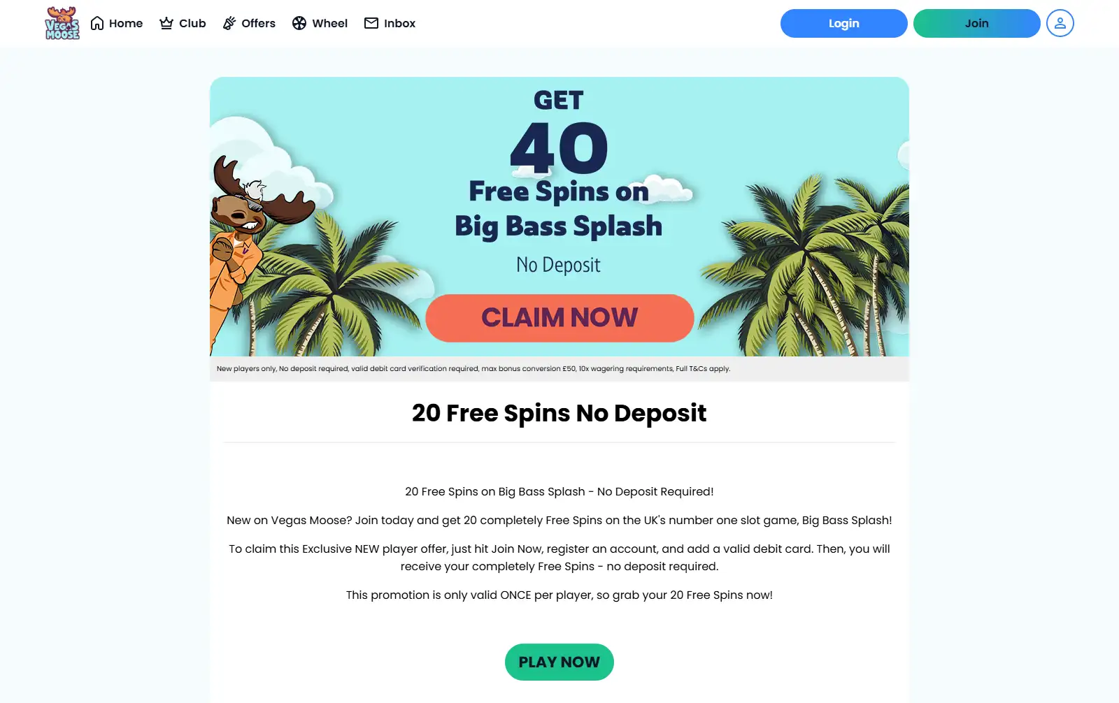 Official Vegas Moose 20 Free Spins no-deposit registration offer page