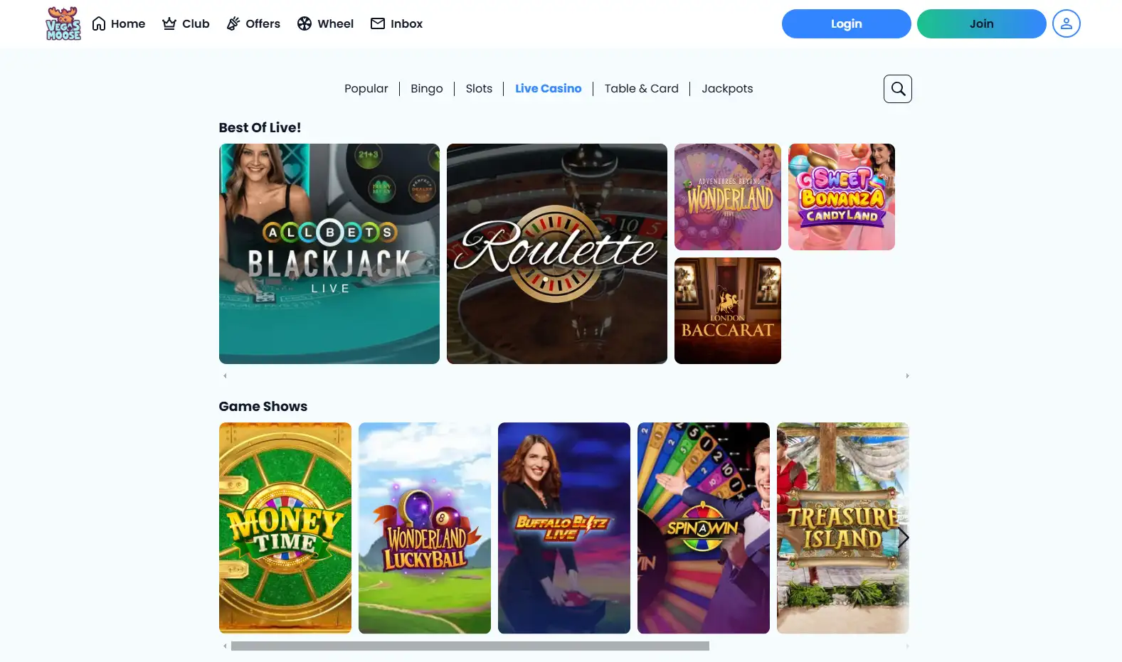 Vegas Moose live casino category showing current live game tiles