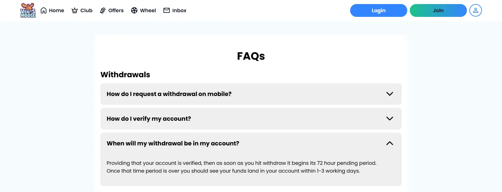 Vegas Moose FAQ withdrawal section showing the current pending period and payout estimate