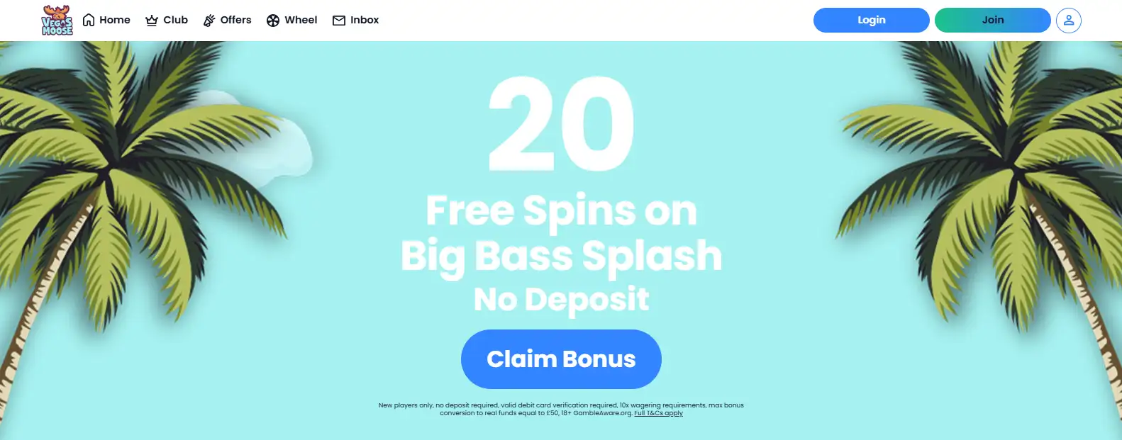 Vegas Moose homepage with the current 20 Free Spins no-deposit offer